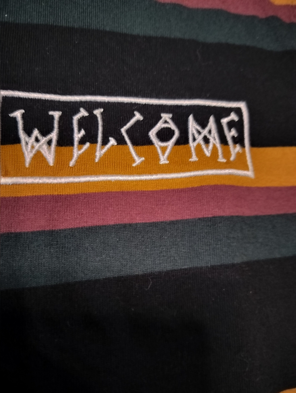 Welcome Striped Crew Black, Red, Mustard & Green Striped Cotton Tshirt - Small - Picture 2 of 6